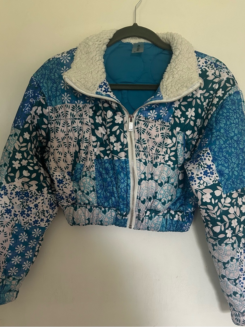 AS Revival by Altar'd State Blue Floral Patchwork Cropped Quilted Jacket